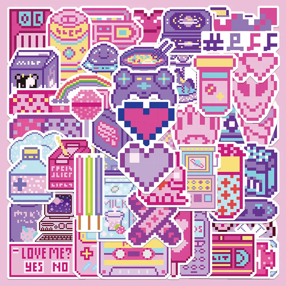 50pcs Pink Purple Pixel Style Graffiti Stickers for Helmet, Desktop, Wall Decoration (ONLINE ORDER ONLY)