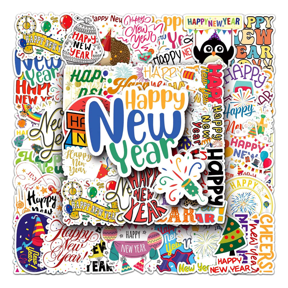 50Pcs New Year Cartoon Waterproof Vinyl Stickers for Skateboard Snowboard (Online Order Only)