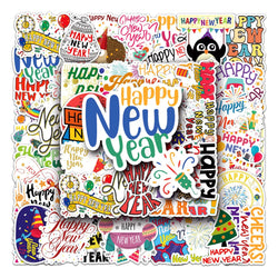 50Pcs New Year Cartoon Waterproof Vinyl Stickers for Skateboard Snowboard (Online Order Only)