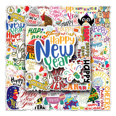 50Pcs New Year Cartoon Waterproof Vinyl Stickers for Skateboard Snowboard (Online Order Only)