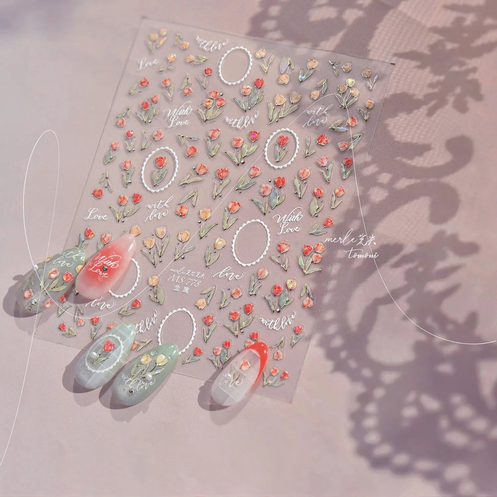 Retro Border Colourful Pink Purple Tulip Flower Bouquet Garden Fragrant 5D Soft Relief Adhesive Nail Art Sticker Manicure Decals (ONLINE ORDER ONLY)