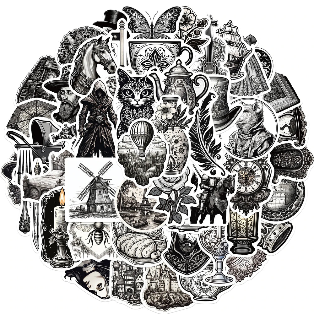 50PCS Black And White Medieval Style Sticker Graffiti Personality Trend Guitar Water Cup Computer Suitcase Sticker Wholesale﻿ (ONLINE ORDER ONLY)