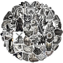 50PCS Black And White Medieval Style Sticker Graffiti Personality Trend Guitar Water Cup Computer Suitcase Sticker Wholesale﻿ (ONLINE ORDER ONLY)