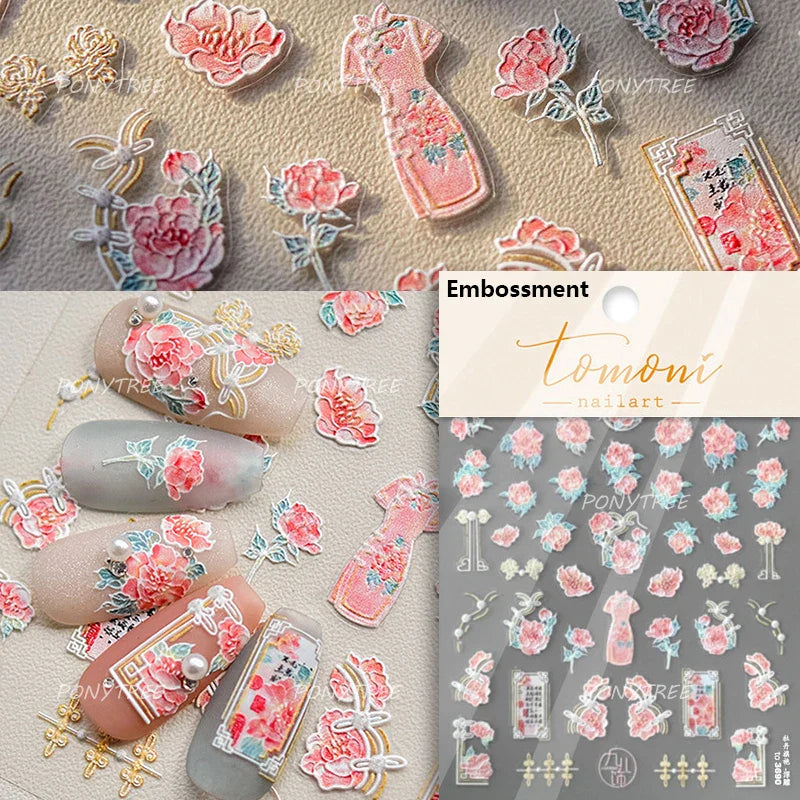Romantic Pink Peach Blossom Tower Circular Fan Hollowed Window Tassel Pendant Antique Tree Chic Nail Art Stickers Manicure Decal (ONLINE ORDER ONLY)
