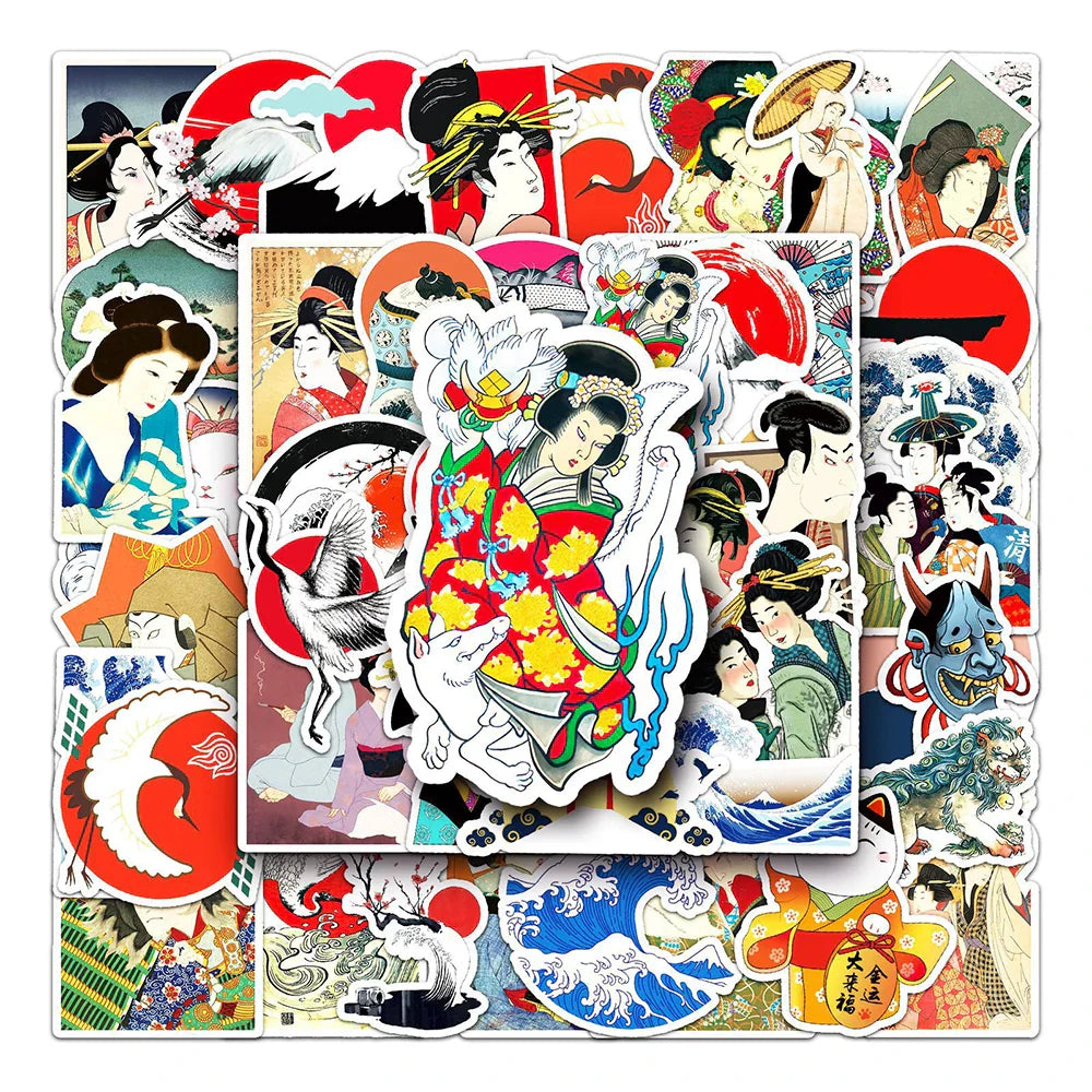 Ukiyo-e Wave Art Stickers: 10/30/50pcs for Notebook, Suitcase, Phone, Skateboard, Laptop, Bike (Online Order Only)