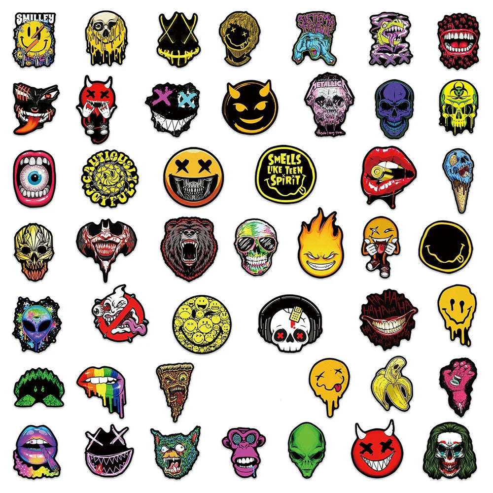 10/30/50/100PCS Horror Gothic Skull Meme Stickers Cool Graffiti DIY Skateboard Luggage Laptop Car Decals PVC Waterproof Kids Toy (ONLINE ORDER ONLY)