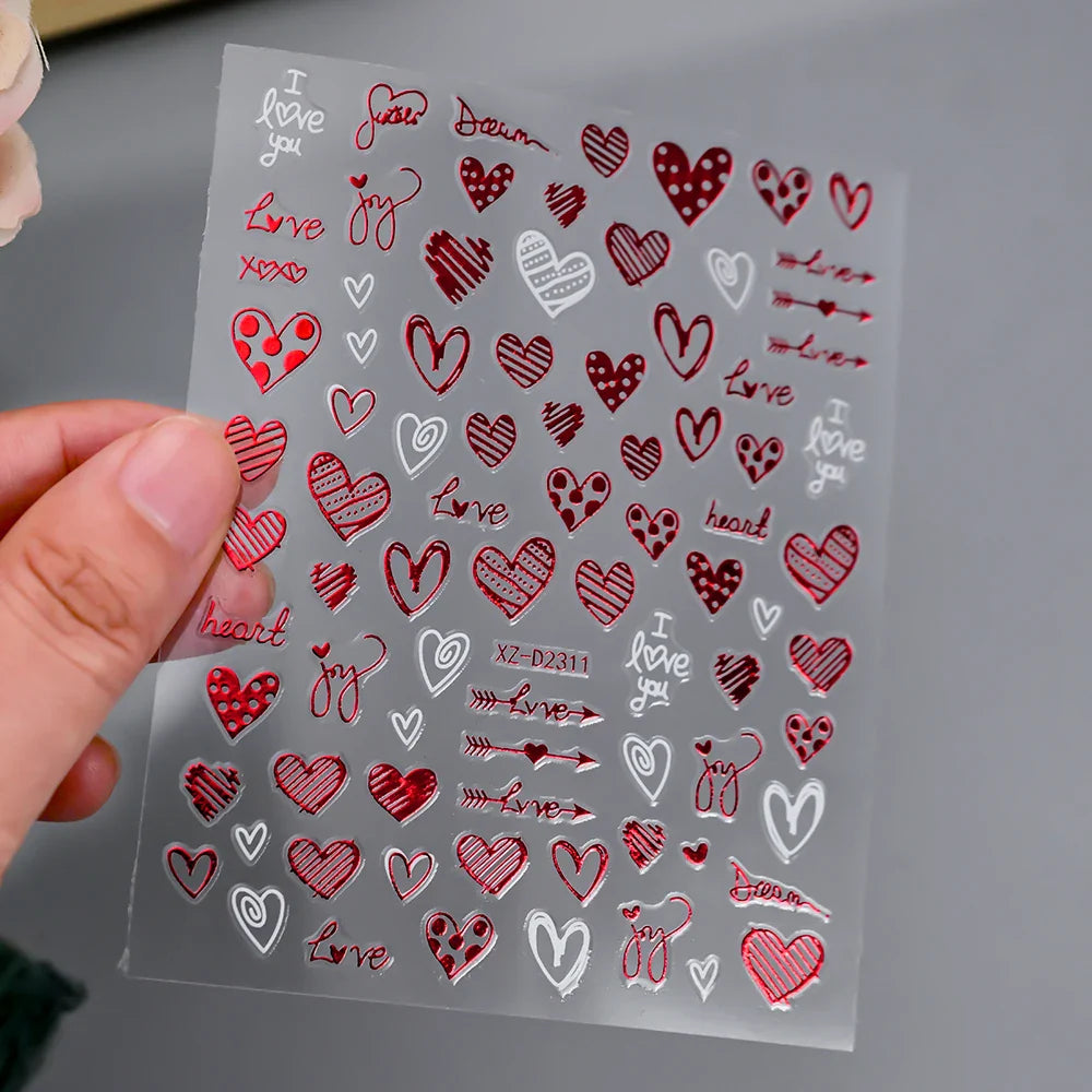 1PC Holographic Laser Heart Nail Stickers-3D Self-Adhesive Golden White Valentines Day Nail Decals For Women Nail Art Decoration (ONLINE ORDER ONLY)