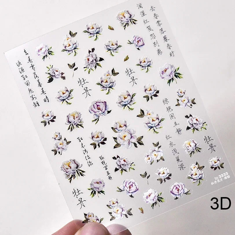 Red Plum Blossom Flower Chinese 3D Self Adhesive Nail Art Decoration Stickers Cheongsam Iris Lily Lotus Vase 5D Manicure Decals (ONLINE ORDER ONLY)