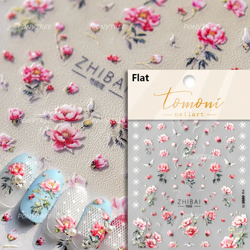 Retro Chinese Characters Charming Rich Peony Delicate Rose Flowers Soft Relief Adhesive Nail Art Stickers Chic Manicure Decals (ONLINE ORDER ONLY)