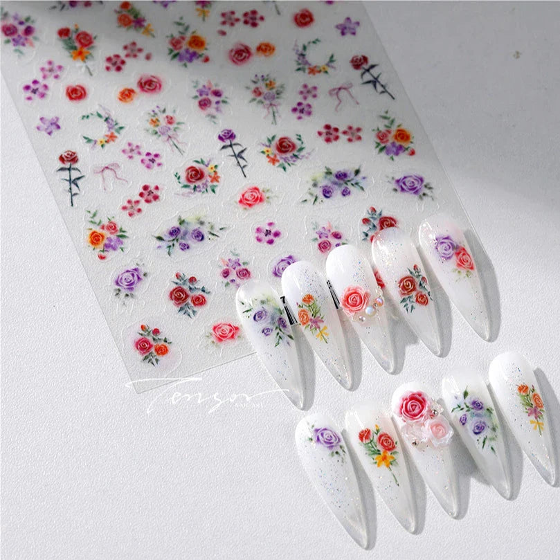 Rose Flower Garden Soft Embossment Adhesive Nail Art Stickers Charming Rhinestone Manicure Decals Nail Supplies for Professional (ONLINE ORDER ONLY)