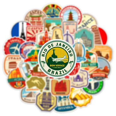10/25/50pcs Retro World Travel Landmark Suitcase Stamps Sticker Packs (ONLINE ORDER ONLY)
