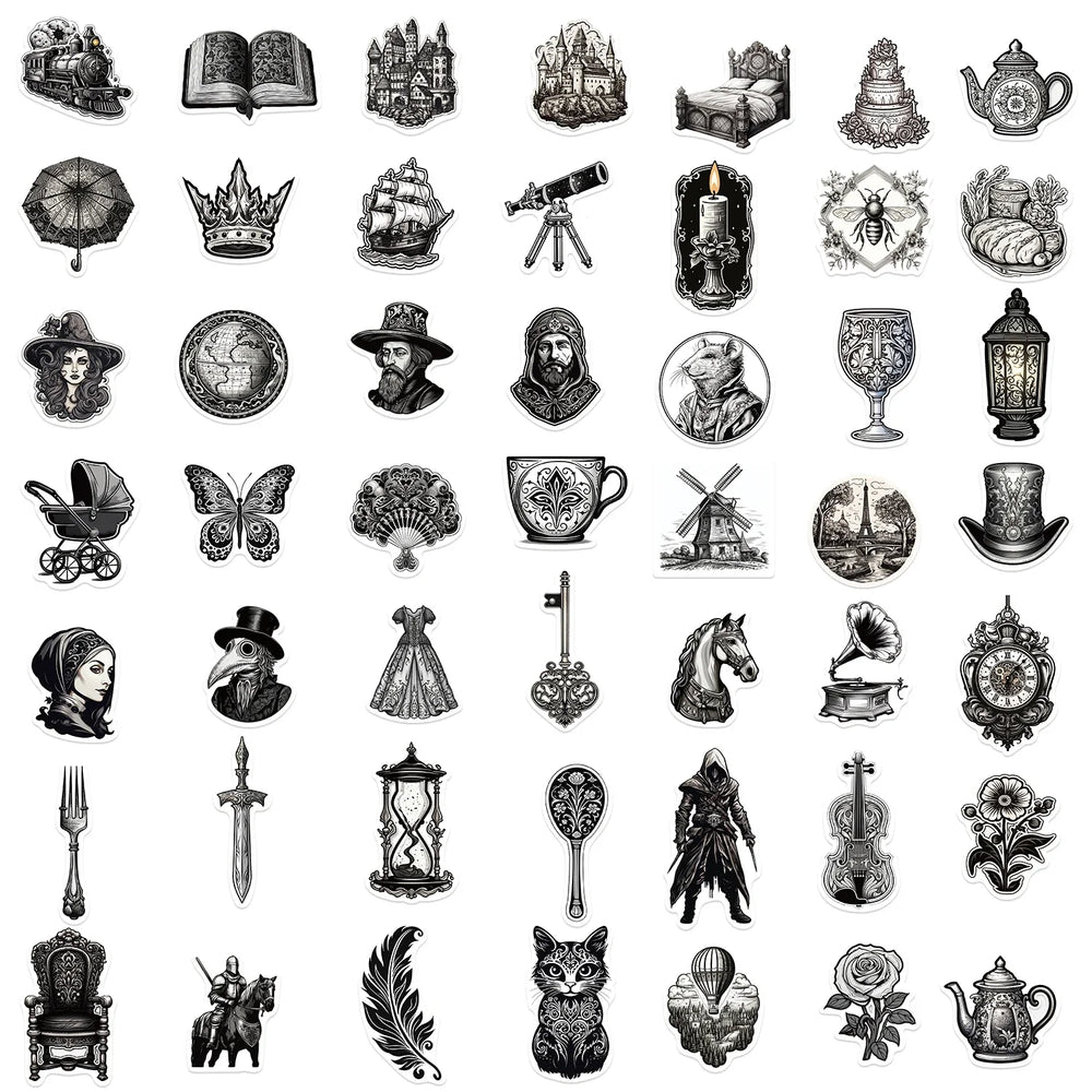 50PCS Black And White Medieval Style Sticker Graffiti Personality Trend Guitar Water Cup Computer Suitcase Sticker Wholesale﻿ (ONLINE ORDER ONLY)