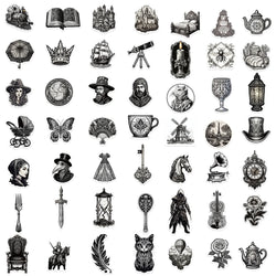 50PCS Black And White Medieval Style Sticker Graffiti Personality Trend Guitar Water Cup Computer Suitcase Sticker Wholesale﻿ (ONLINE ORDER ONLY)