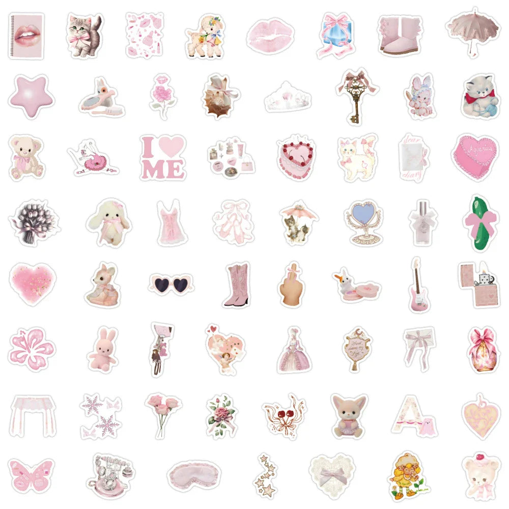 10/30/60pcs Retro Cute Coquette Pink Cartoon Stickers Decals Laptop Suitcase Scrapbook Phone Stationery Sticker for Kids Toys (ONLINE ORDER ONLY)