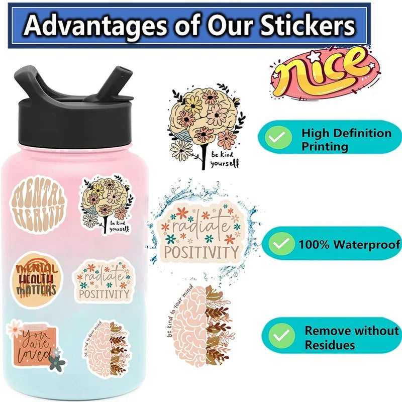 50PCS Boho Mental Health PVC Sticker Aesthetic DIY Children's Decoration Scrapbooking Stationery Hand Accounting Tool Supplies (ONLINE ORDER ONLY)