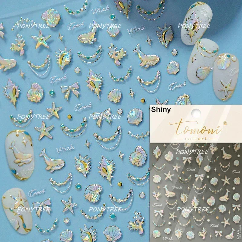 Hot Stamping Laser Shell Conch Starfish Pearl Whale Coral Dolphin Summer Beach Sea Wave Jellyfish Bubble Nail Art Stickers Decal (ONLINE ORDER ONLY)