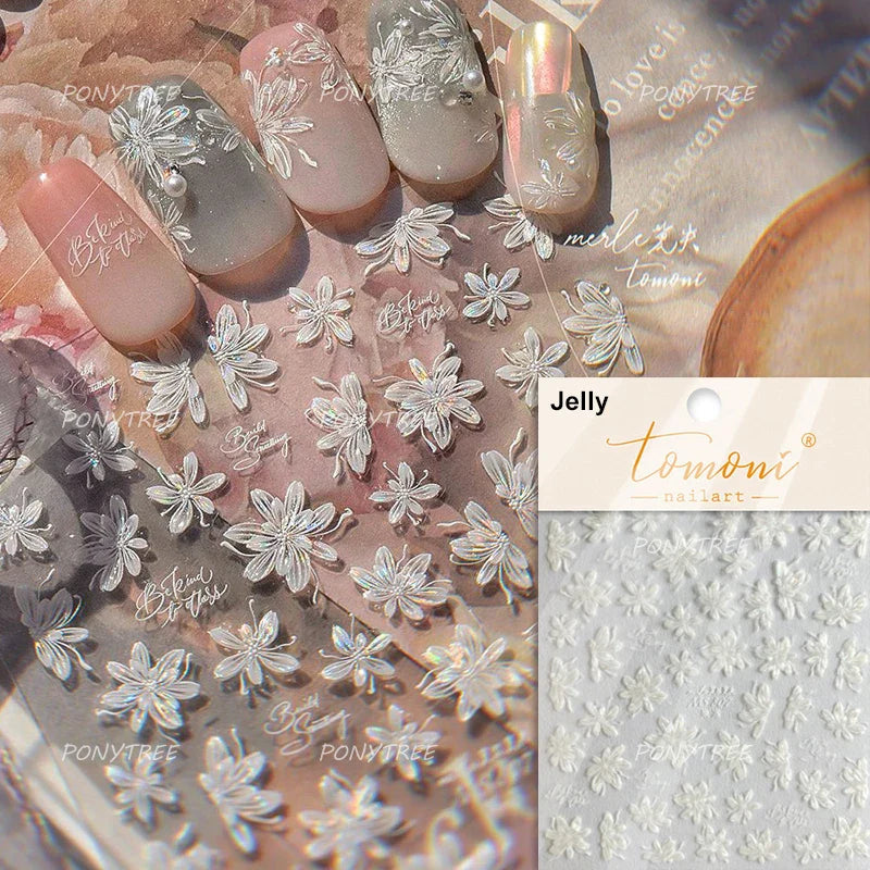 White Pink Flower Dreamy Romantic Petal Jelly Shiny Peach Blossom Polarized Light Delicate Nail Art Stickers 5D Manicure Decals (ONLINE ORDER ONLY)