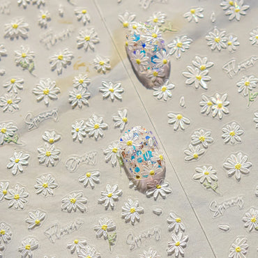 Cute Beige Yellow Pristine Fresh Daisy Flower 5D Shiny Soft Embossed Relief Charm Self Adhesive Nail Art Stickers Manicure Decal (ONLINE ORDER ONLY)