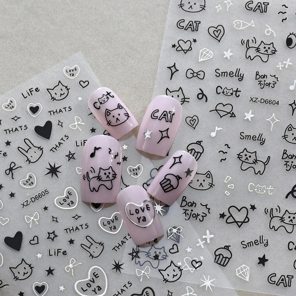 1Pc 3D Cute Black Silver Smile Dog Decals Y2K Cartoon Cat Footprint Nail Stickers Graffiti Star Heart DIY Manicure Slider Decor* (ONLINE ORDER ONLY)
