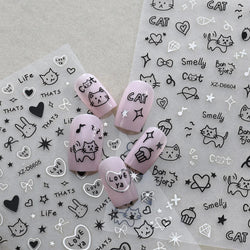 1Pc 3D Cute Black Silver Smile Dog Decals Y2K Cartoon Cat Footprint Nail Stickers Graffiti Star Heart DIY Manicure Slider Decor* (ONLINE ORDER ONLY)