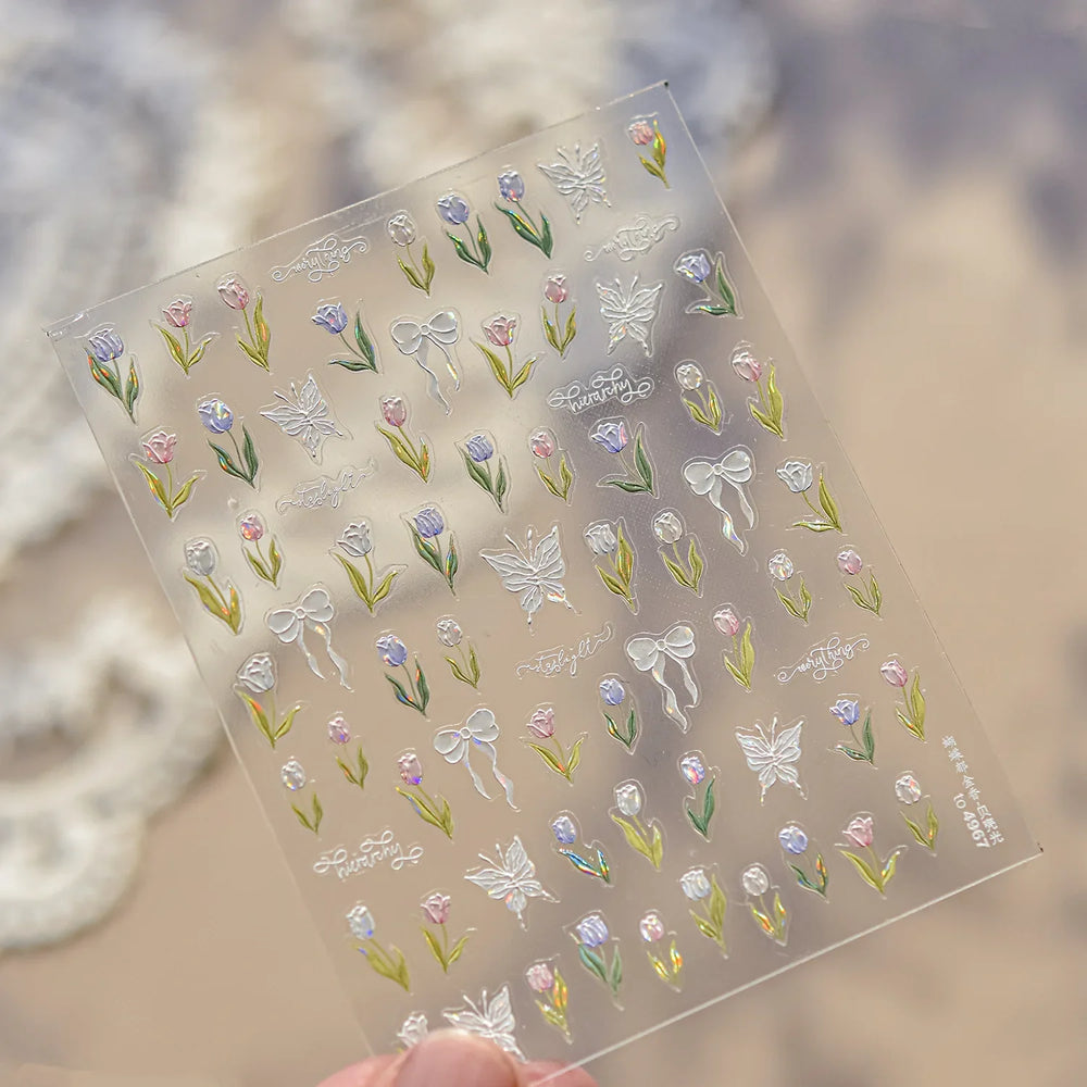 Dreamy White Lace Bowknot Purple Pink Gradual Tulip Flower Butterfly Garden Relief Adhesive Nail Art Stickers Manicure Decals (Online Order Only)