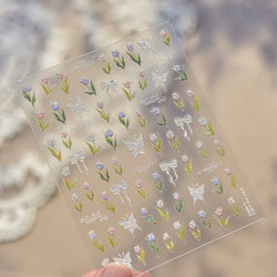 Dreamy White Lace Bowknot Purple Pink Gradual Tulip Flower Butterfly Garden Relief Adhesive Nail Art Stickers Manicure Decals (Online Order Only)