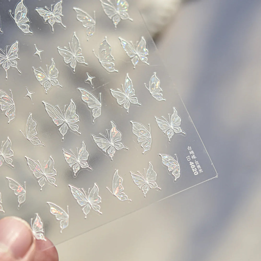 Chic Beautiful White Butterfly Shiny Lace Star Adhesive Nail Art Stickers Animals Charm Snowflake Manicure Decals Nail Supplies (Online Order Only)