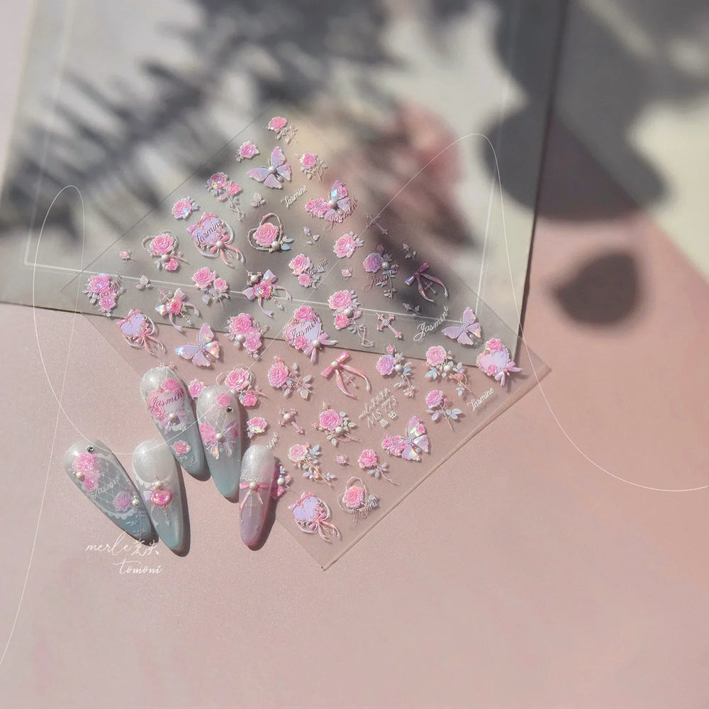 Pink Rose Flower Rambler Heart Bowknot Butterfly Shiny Soft Relief Adhesive Nail Art Stickers Romantic Spring 3D Manicure Decals (ONLINE ORDER ONLY)