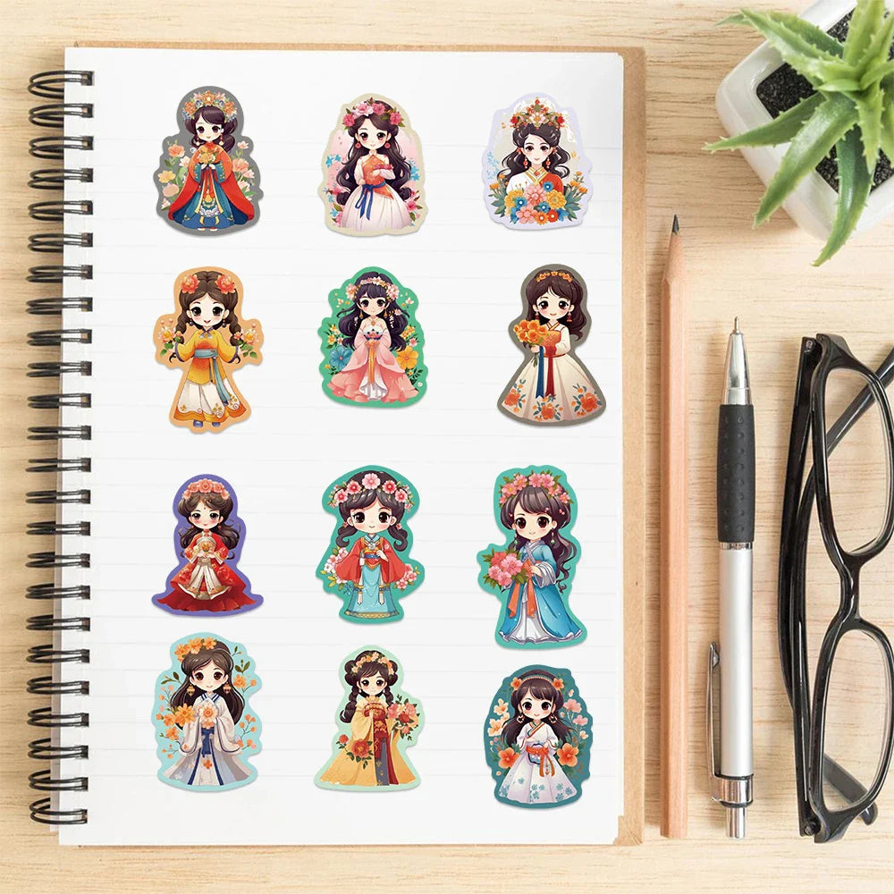 50Pcs Q Version Chinese Ancient Costume Flower Princess Girl Sticker for Kids Toy Decoration Guitar Luggage DIY Waterproof Decal (ONLINE ORDER ONLY)