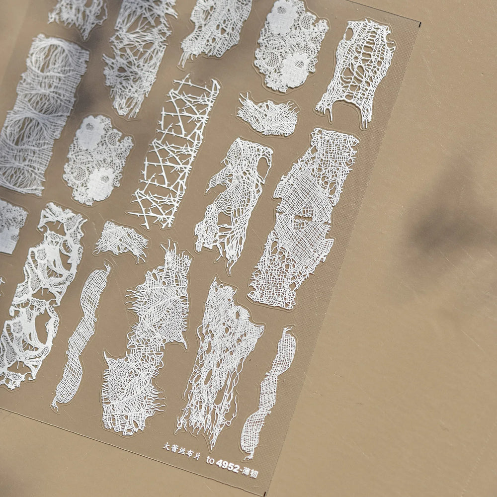 Retro White Lace Fabric Piece Bowknot English Letter Decorative Border Irregular Cloth Block Adhesive Nail Art Stickers Decals (ONLINE ORDER ONLY)