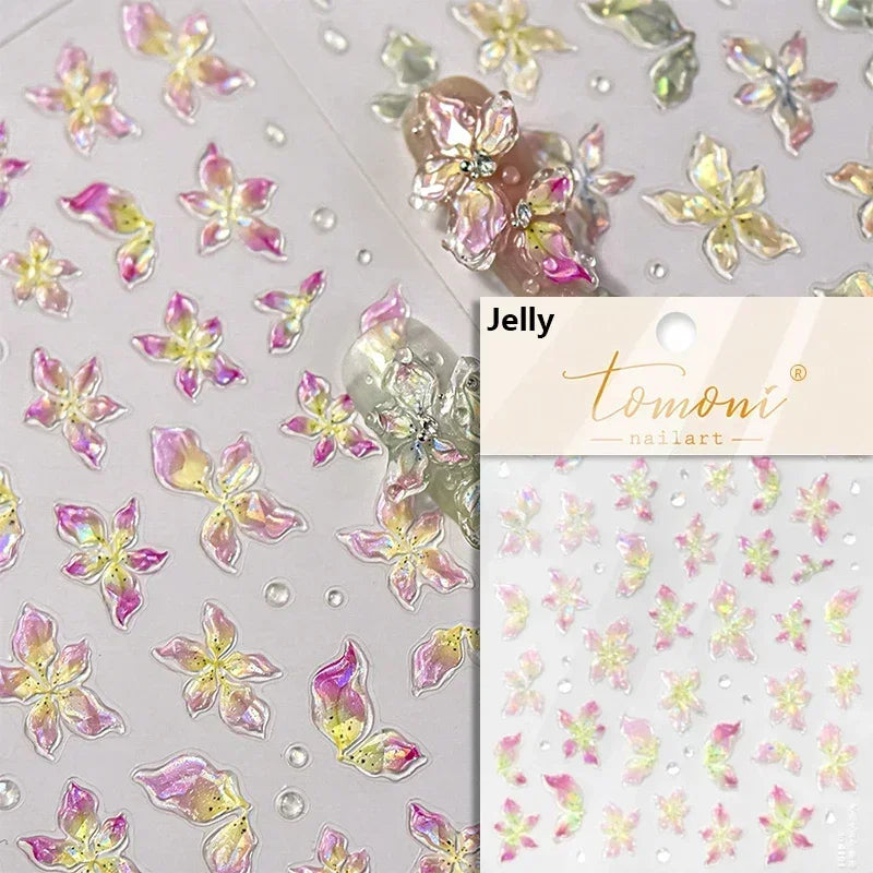 Charming Dreamy Shiny Jelly Blue Gradient Lily Flowers Rose Petal White Dot Chinese Colorful Nail Art Stickers Manicure Decals (ONLINE ORDER ONLY)