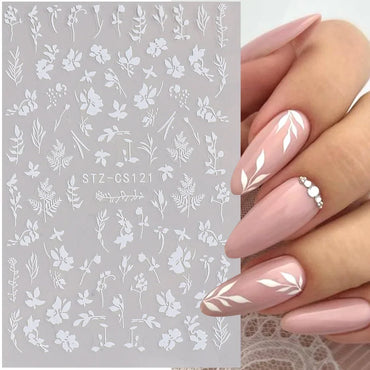 3D Floral Leaf Nail Stickers Black White Flower Adhesive Decals (Online Order Only)