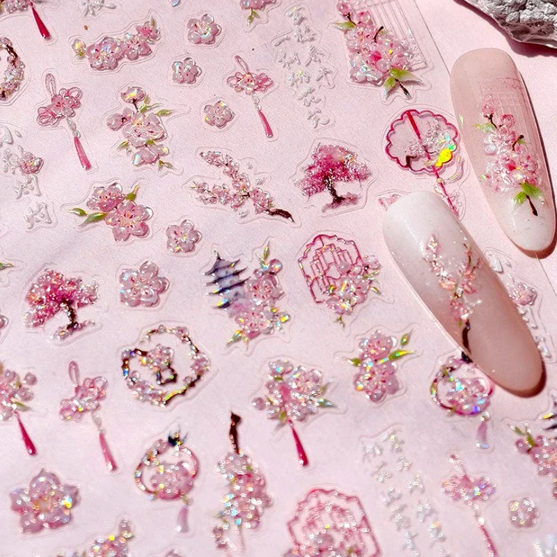 Romantic Pink Peach Blossom Tower Circular Fan Hollowed Window Tassel Pendant Antique Tree Chic Nail Art Stickers Manicure Decal (ONLINE ORDER ONLY)