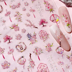 Romantic Pink Peach Blossom Tower Circular Fan Hollowed Window Tassel Pendant Antique Tree Chic Nail Art Stickers Manicure Decal (ONLINE ORDER ONLY)