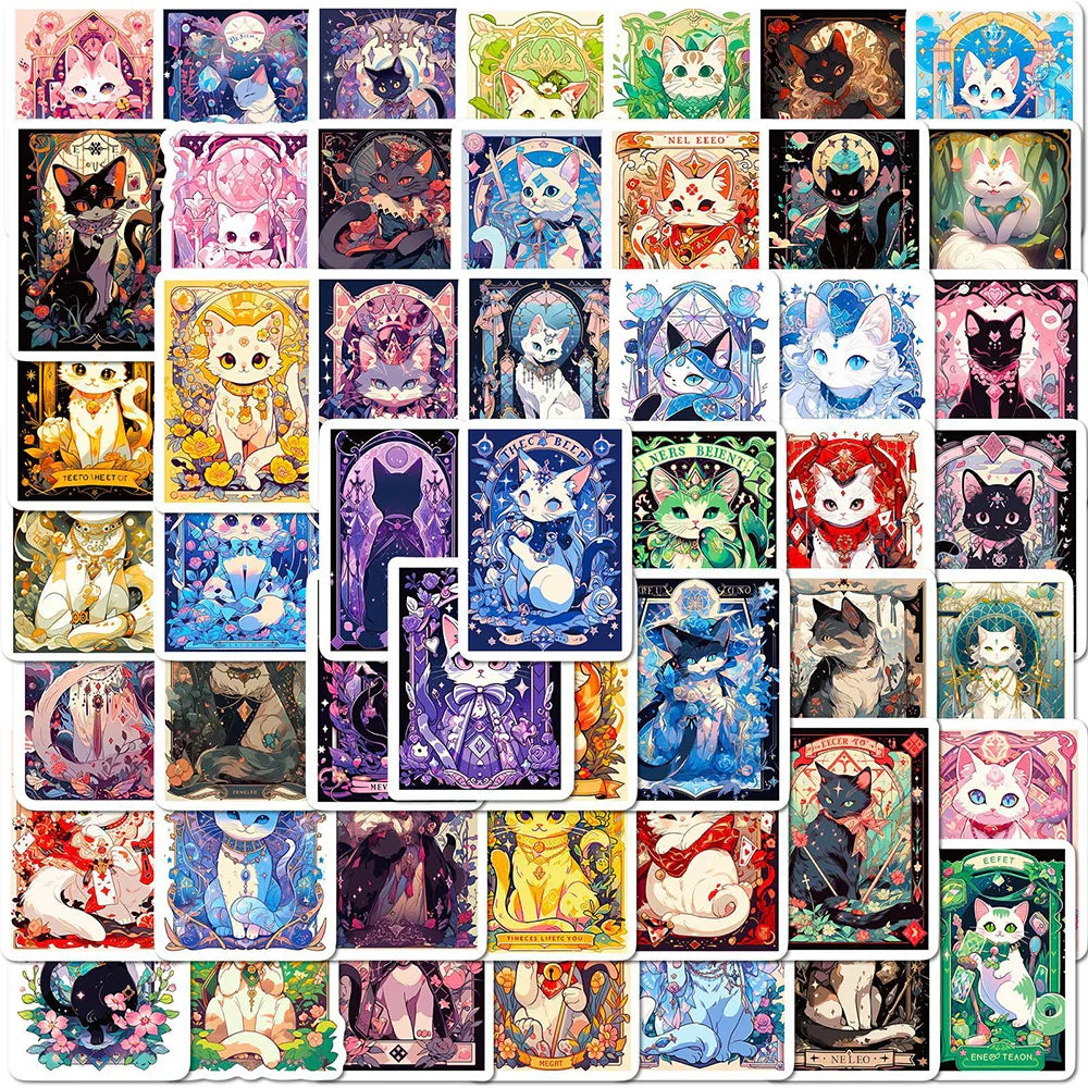 Cute Cat Tarot Stickers - 10/30/50pcs for Laptop, Phone, Luggage, Car, Fridge, Stationery (Online Order Only)