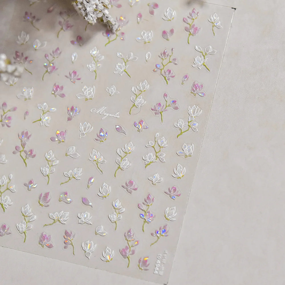 Translucent White White Pink Magnolia Rose Flower Floral Soft Embossed Relief Adhesive Nail Art Stickers Chic 3D Manicure Decals (ONLINE ORDER ONLY)
