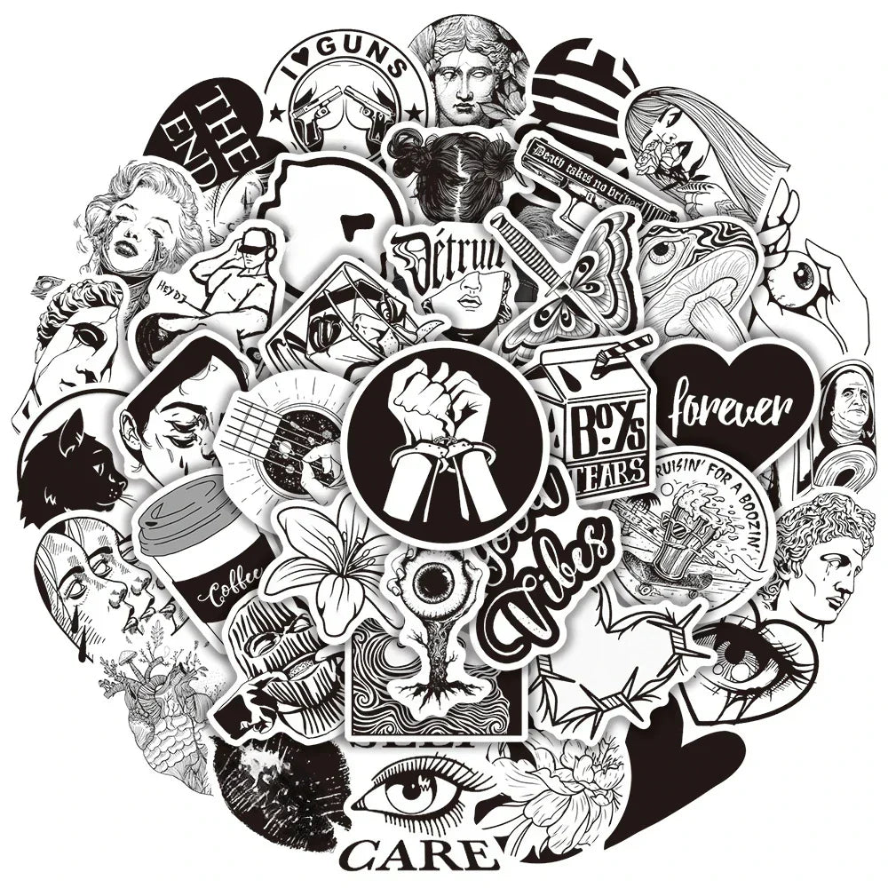 Aesthetic Black Graffiti Stickers for DIY Scrapbooking, Suitcase, Water Bottle, Phone, Laptop, Guitar, Skateboard - 10/25/50pcs (Online Order Only)