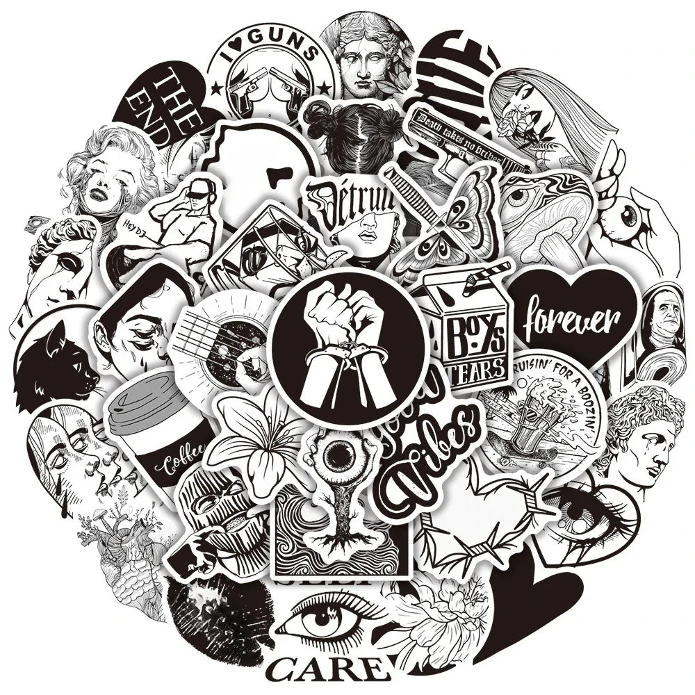 Aesthetic Black Graffiti Stickers for DIY Scrapbooking, Suitcase, Water Bottle, Phone, Laptop, Guitar, Skateboard - 10/25/50pcs (Online Order Only)