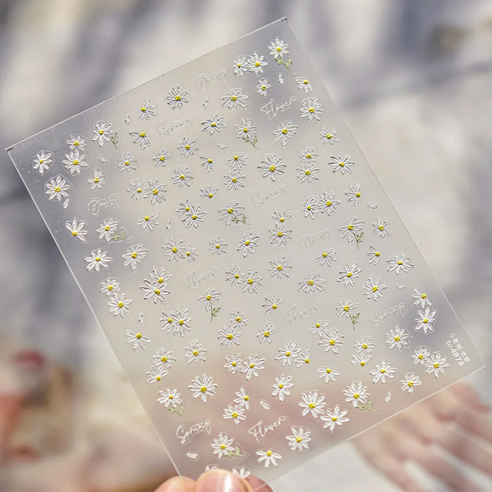 Cute Beige Yellow Pristine Fresh Daisy Flower 5D Shiny Soft Embossed Relief Charm Self Adhesive Nail Art Stickers Manicure Decal (ONLINE ORDER ONLY)
