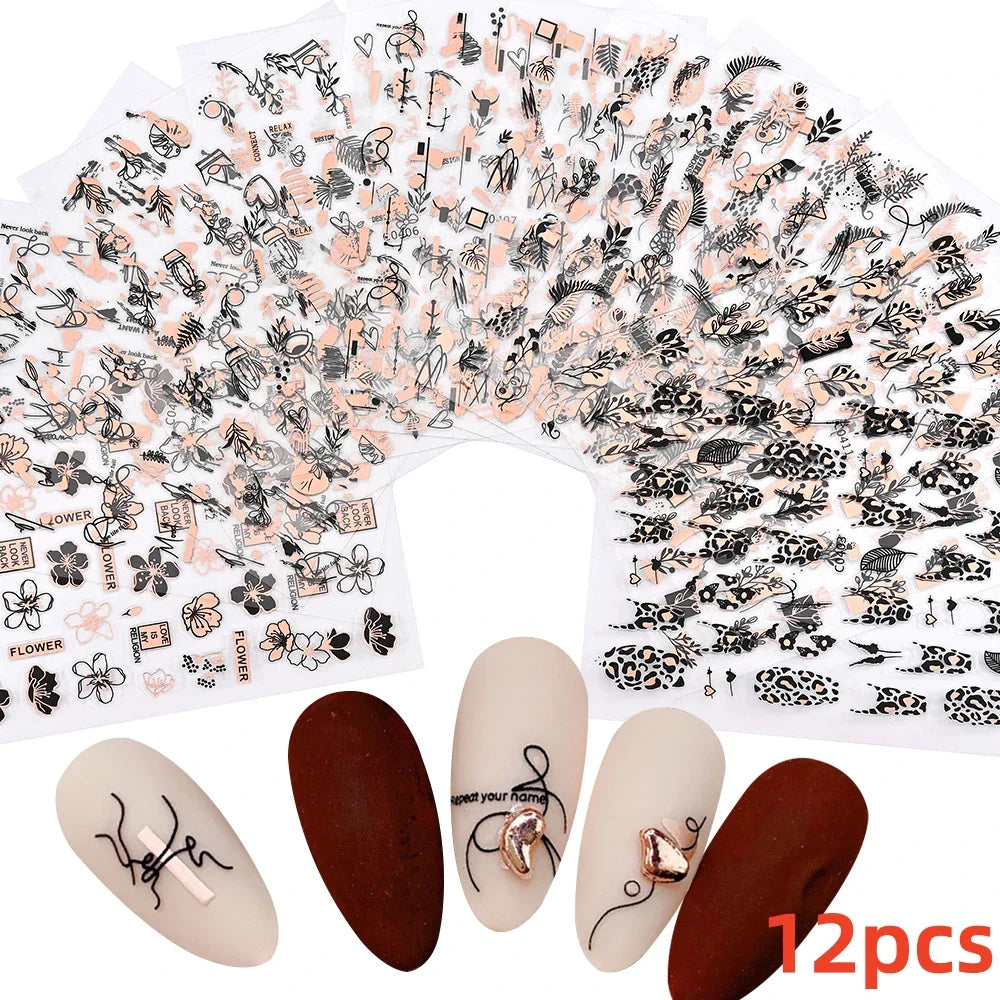 12Pcs 3D Golden Red Glitter Heart Love Nail Sticker Valentine Self Adhesive Cartoon Decal Geometry Lines Stripe Slider Manicure* (ONLINE ORDER ONLY)
