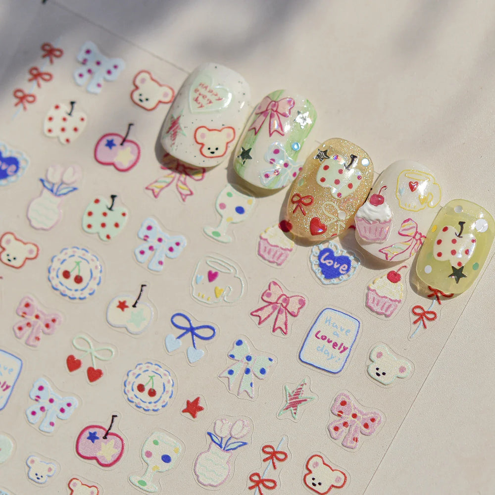 Bear Bowknot Bag Dessert Apple Core Earphone Cup Tulip Cherry Milk Cake Cookies Flower Adhesive Nail Art Stickers Manicure Decal (ONLINE ORDER ONLY)