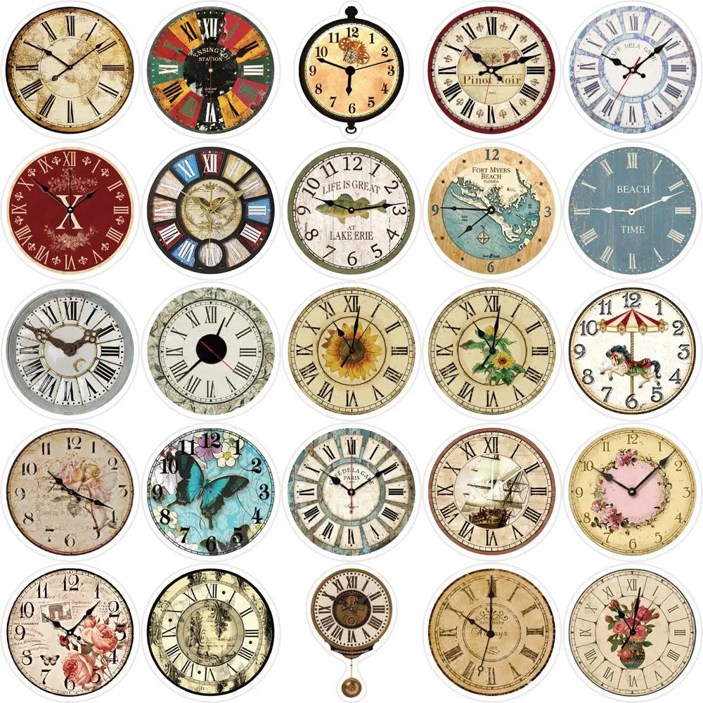 10/25/50pcs Retro clock Stickers Decals Cartoon Graffiti DIY  Notebook Luggage Wall Decoration PVC Sticker (ONLINE ORDER ONLY)