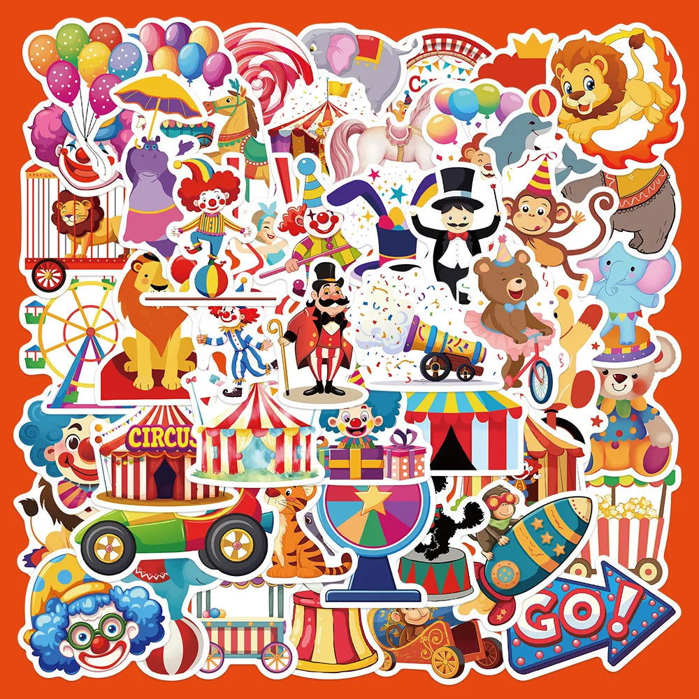 50pcs Cartoon Circus Carnival Graffiti Stickers for Helmet, Wall, DIY Decoration (ONLINE ORDER ONLY)