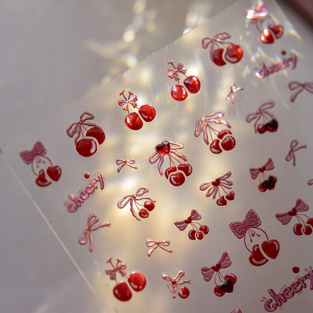 Lovely Red Heart Crystal Cherry Fruit Bowknot Letter Gold Pink Self Adhesive Nail Art Sticker Delicate Rhinestone Manicure Decal (ONLINE ORDER ONLY)