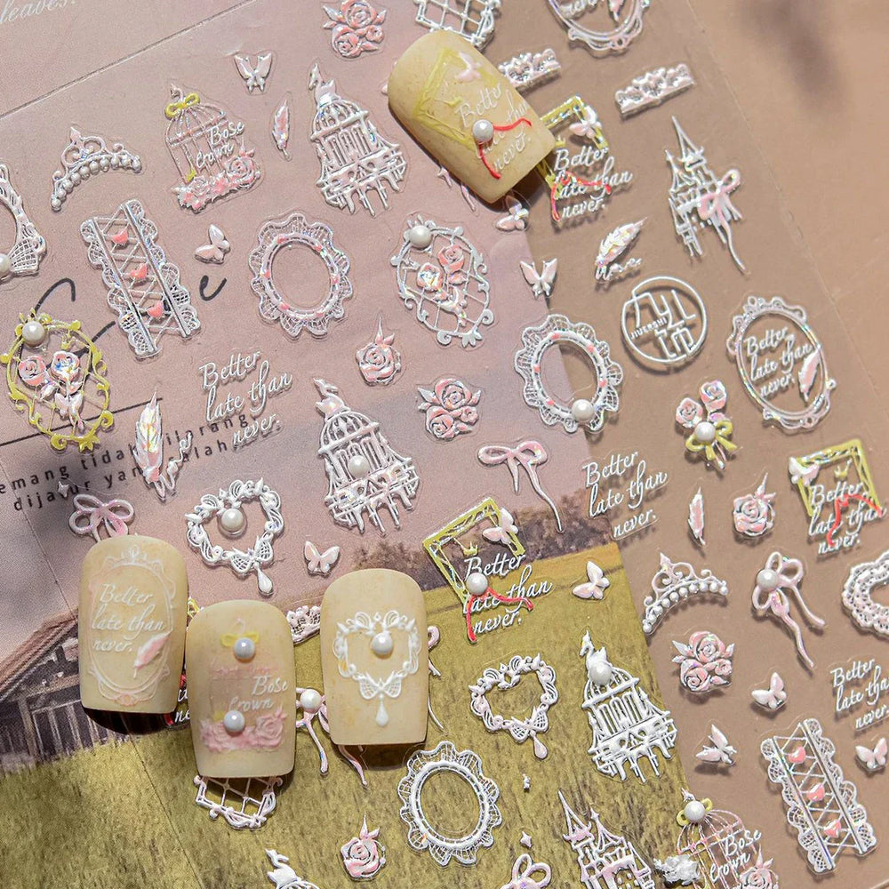 Dreamy Lace Swan Bowknot Rose Flower Castle Butterfly Feather Heart Chic Adhesive Nail Art Stickers Manicure Decals Wholesale (ONLINE ORDER ONLY)