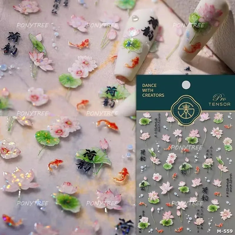 Pink Lotus Flower Red Gold Koi Carp Fish Tail Fancy Carp Self Adhesive Nail Art Decorations Stickers Manicure Decals Wholesale (ONLINE ORDER ONLY)
