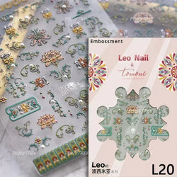 Pink Blue Yellow Embroidery Totems Geometric Floral Pattern Flower 5D Embossed Nail Art Stickers Bohemian Style Manicure Decals (ONLINE ORDER ONLY)