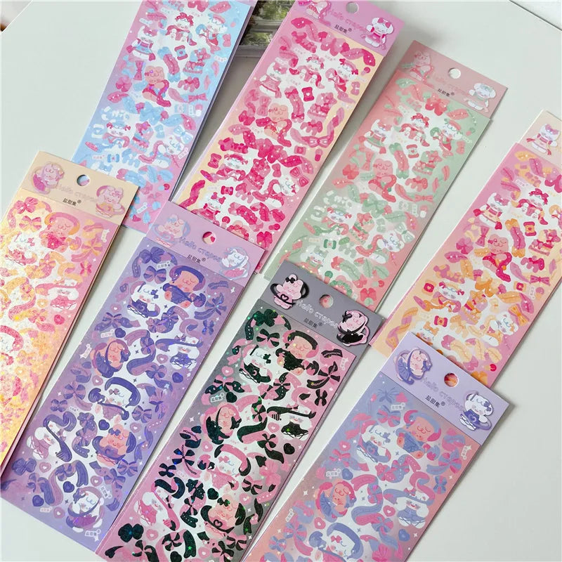 6/8pcs Kawaii Ribbon Rabbit Decorative Sticker Set Girls Scrapbooking Idol Card DIY Diary Album Collage Material Korean Stickers (ONLINE ORDER ONLY)