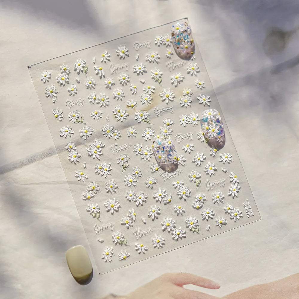 Cute Beige Yellow Pristine Fresh Daisy Flower 5D Shiny Soft Embossed Relief Charm Self Adhesive Nail Art Stickers Manicure Decal (ONLINE ORDER ONLY)