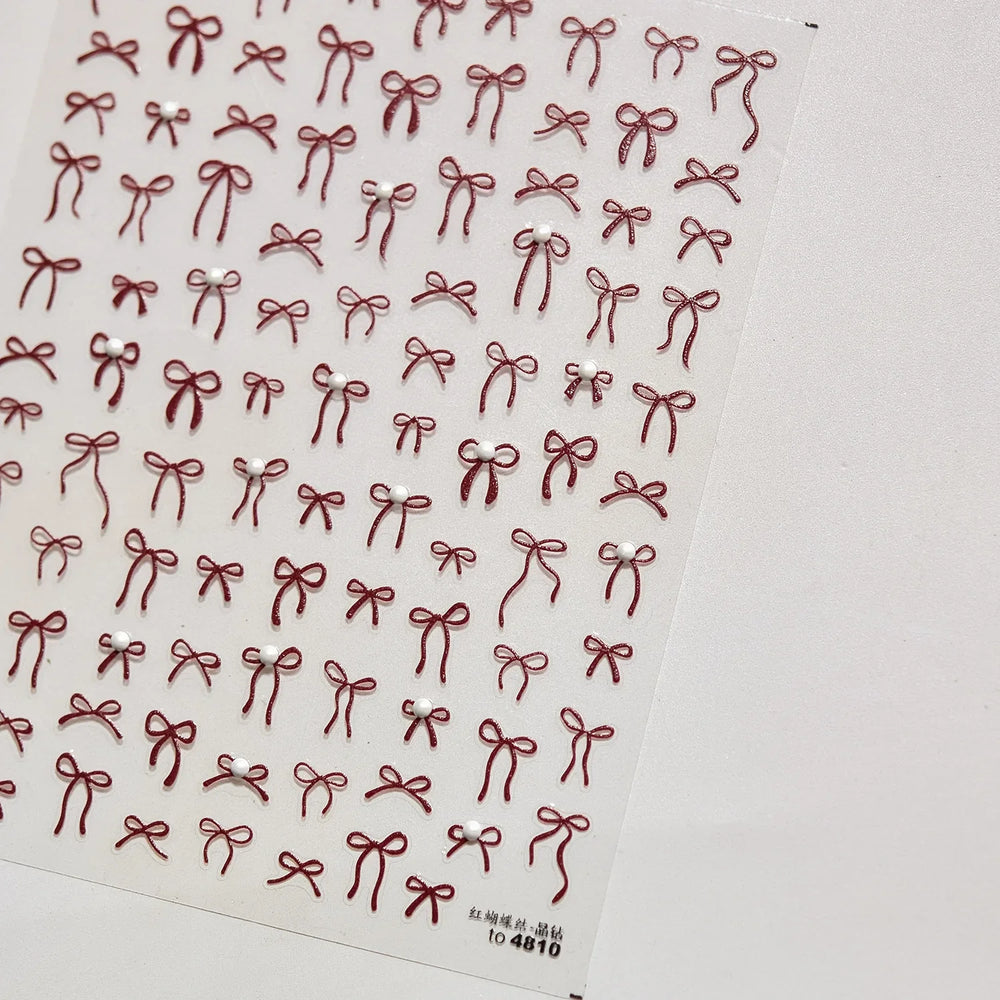 Chic Red Bowknot Silk Ribbon Pearl Elegant Line Self Adhesive Nail Art Stickers Dressy Rhinestone Manicure Decals Nail Supplies (Online Order Only)